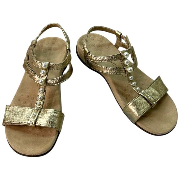 Vionic Mikah Women's Adjustable T-Strap Gold Beaded Orthotic Sandals - Size 6 - Picture 2 of 6